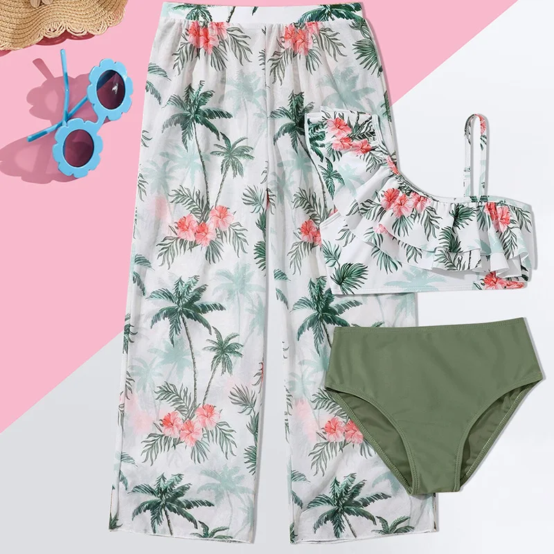 Girls 3 Pieces Palm Tree Print Bikini Sets with Pants High Waist Kids Swimsuit 7-12 Years Children Swimwear Ruffle Bathing Suit