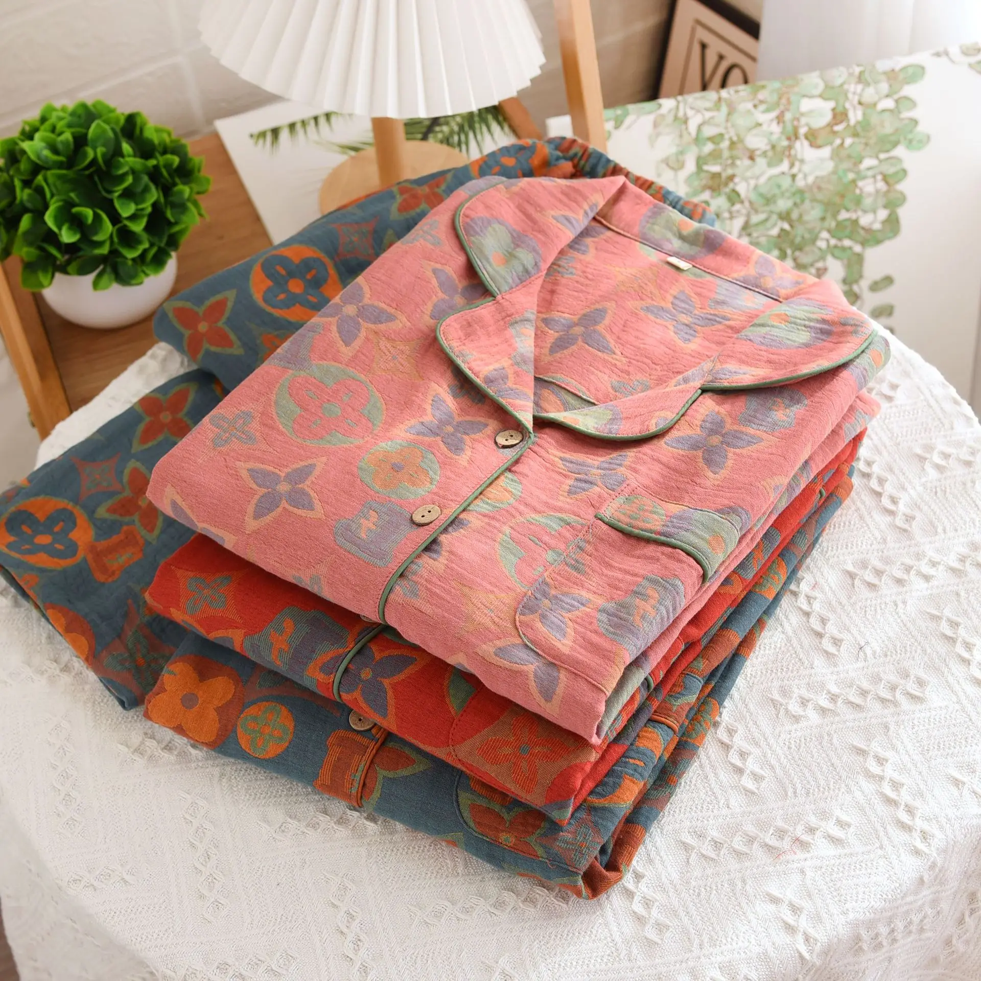 Cotton Women's Pajamas Sets For Woman Pyjama Two-Piece Set Trousers Sleepwear For Sleeping Autumn Floral Print Nightie