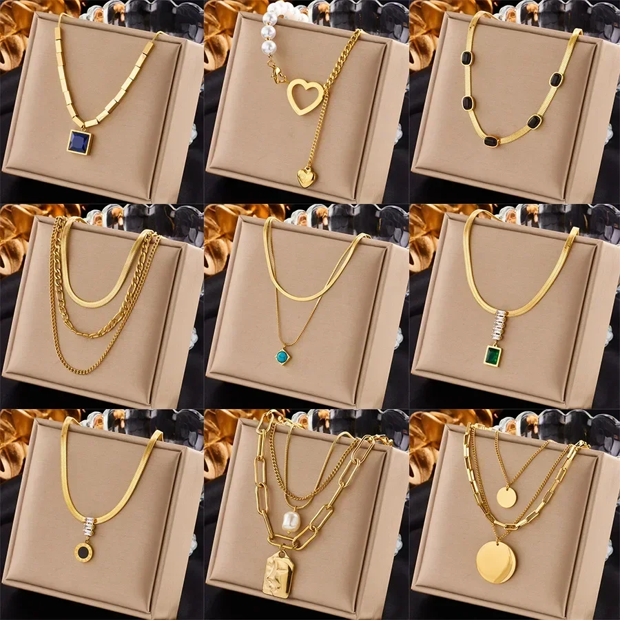 

Fashionable Inlaid Diamond Square Stainless Steel Pendant Stacked Women's Necklace Chains