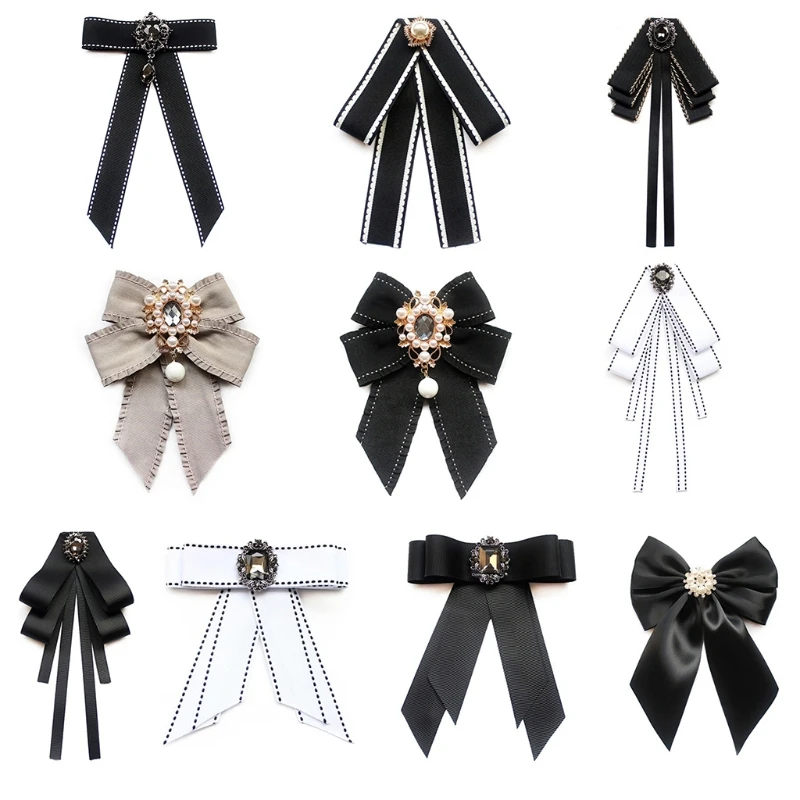 

50JB Women Vintage Elegant Pre-Tied Neck Tie Brooch Imitation Pearl Jewelry Collar Ribbon Bow Tie Corsage