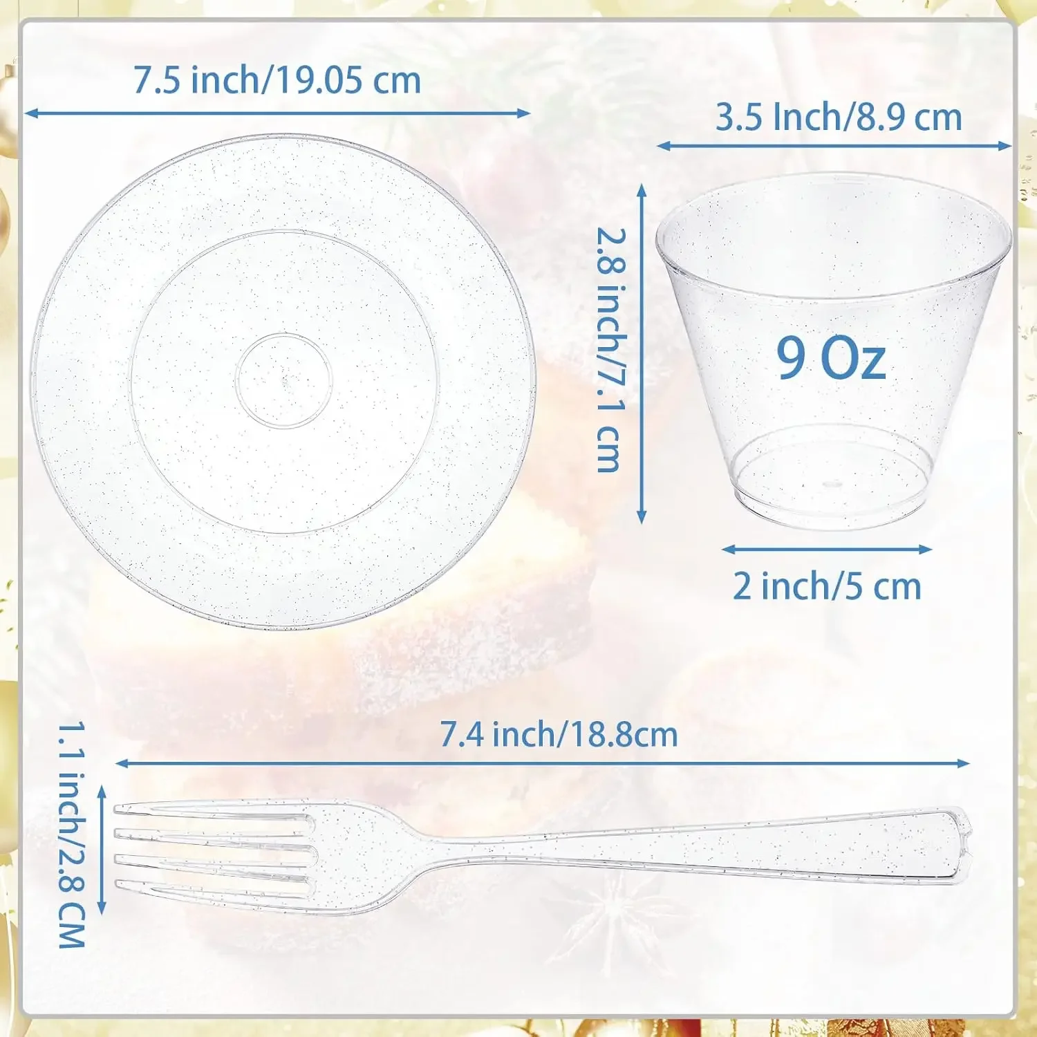 300 Pcs Plastic Dinnerware Set Disposable for Party, 100 Glitter Plastic Plates 7.5 Inch,100 Cup 9 Oz, 100 Dessert Forks