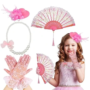 4 Pieces Girls Tea Party Costume Accessories Include Halloween Fascinators Hat and Short Lace Gloves Faux Pearl Necklace