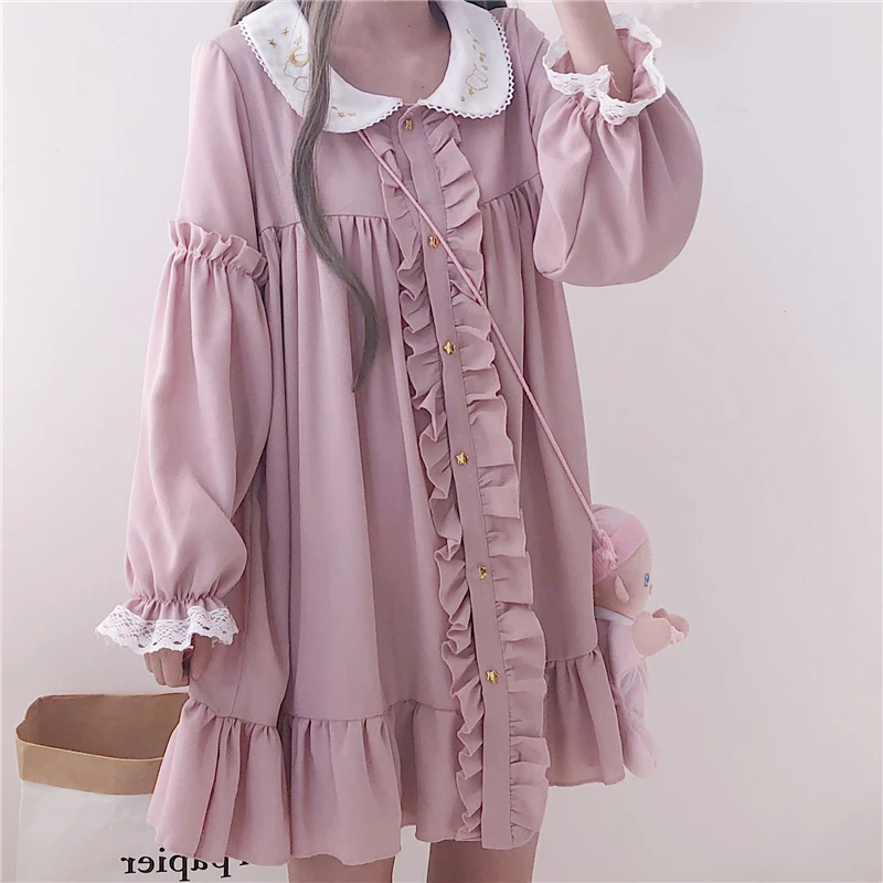 

2023 Autumn Winter Dress Women Harajuku Pink Ladies Ruffle Lace Patch Kawaii Dresses Lolita Cosplay Sweet Loose Vestidos Y2k