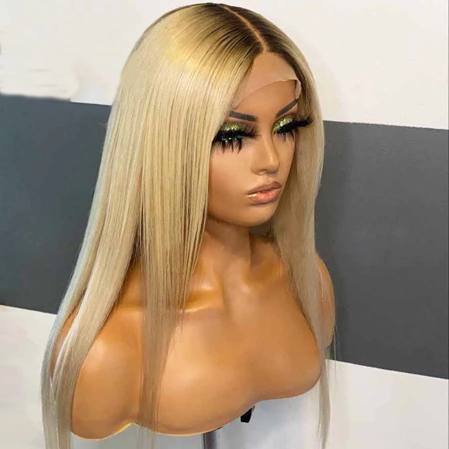 

180Density 26'' Long Soft Ombre Blonde Silky Straight Lace Front Wig For Black Women BabyHair Glueless Preplucked Heat Resistant