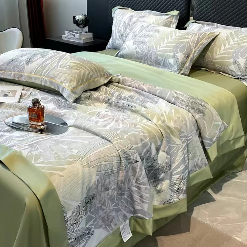 Nordic Style Summer Quilt Silk Bedding Set Water Wash Silk Air Conditioning Summer Bedding Bed Sheets Pillowcases Four Piece Set