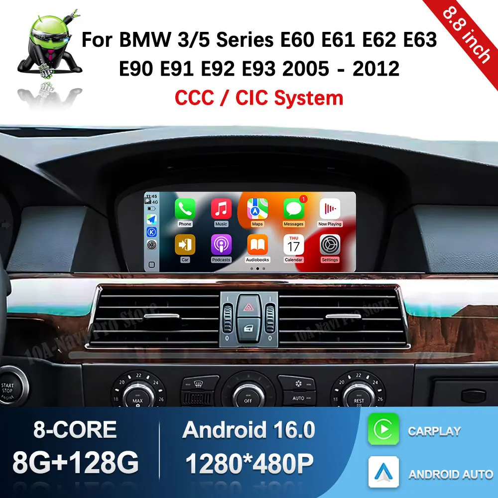 8,8'' Auto-Video-Multimedia-Player Android 16 BT für BMW 3/5er Serie E60 E61 E90 E91 E92 E93 2005 - 2012 CCC CIC System GPS-Navigation