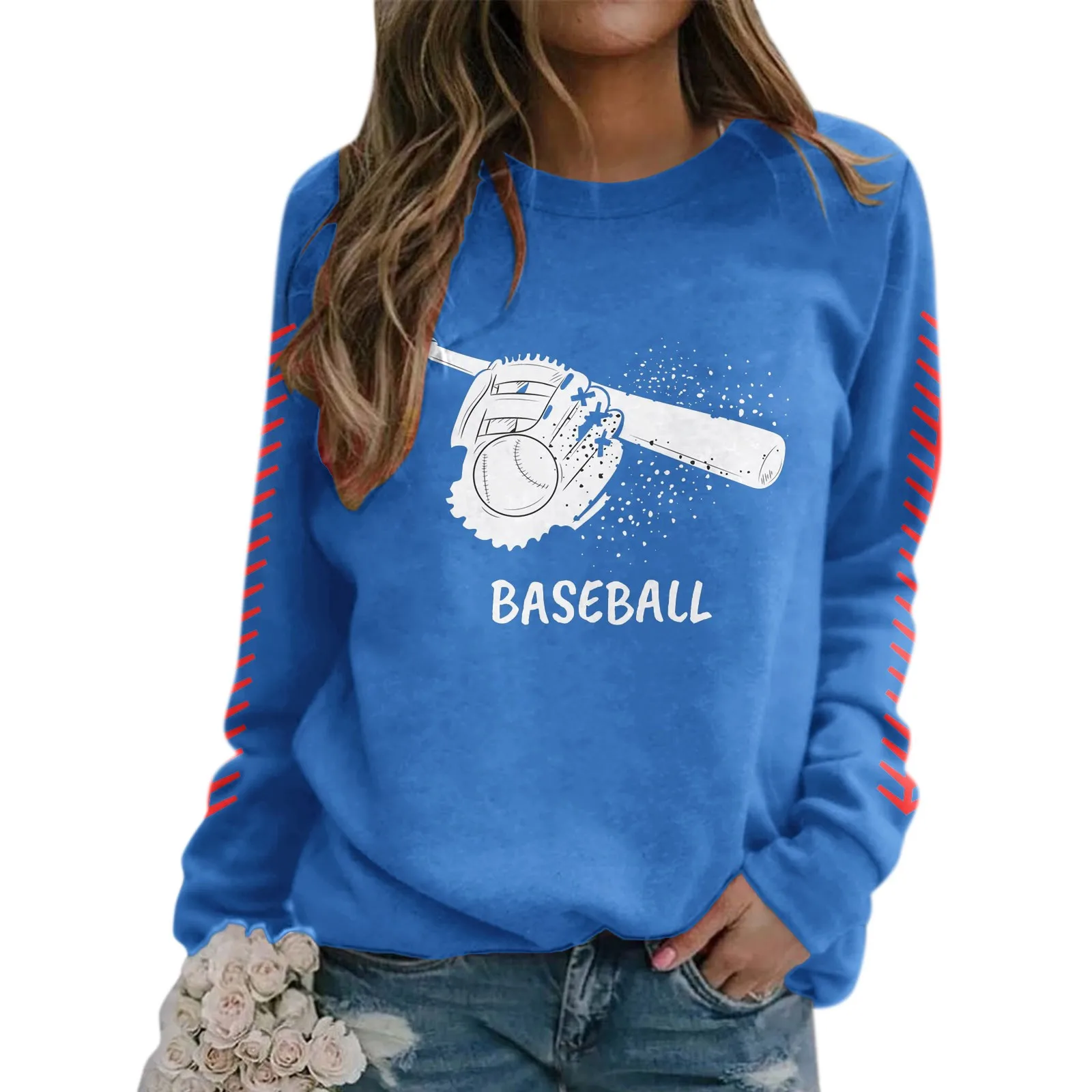 

Women Round Neck Long Sleeve Casual Baseball Print Game Hoodless Sweatshirt Full Coverage Womens Workout Top