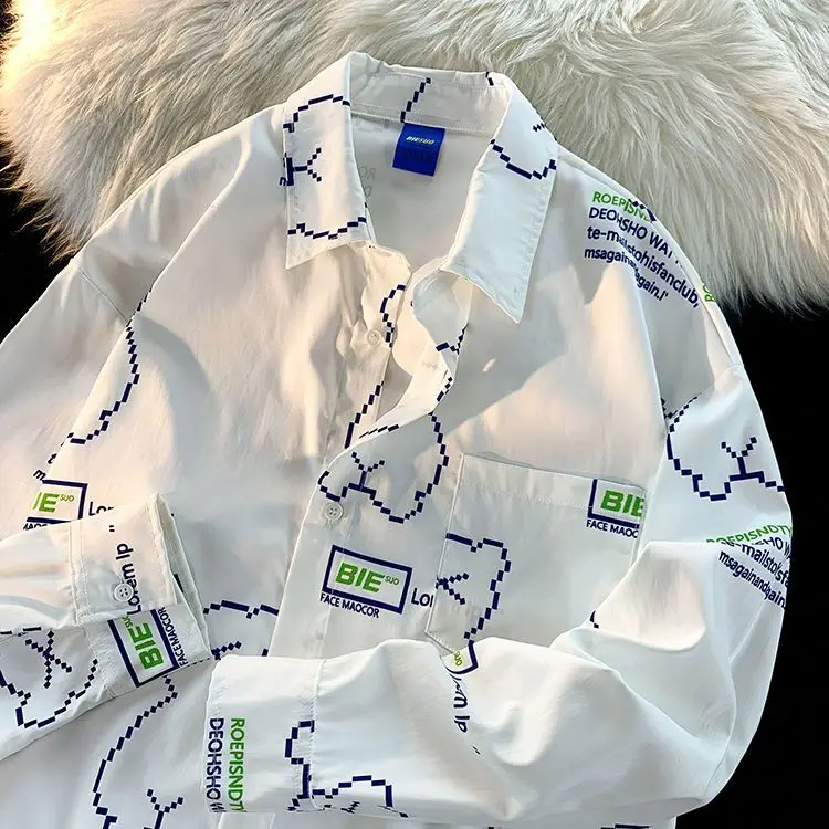 Japanese Pendant Shirt Niche Cartoon Bear Print Long-sleeved Outer Top 2023 Autumn Oversize Unisex Show White Blouse