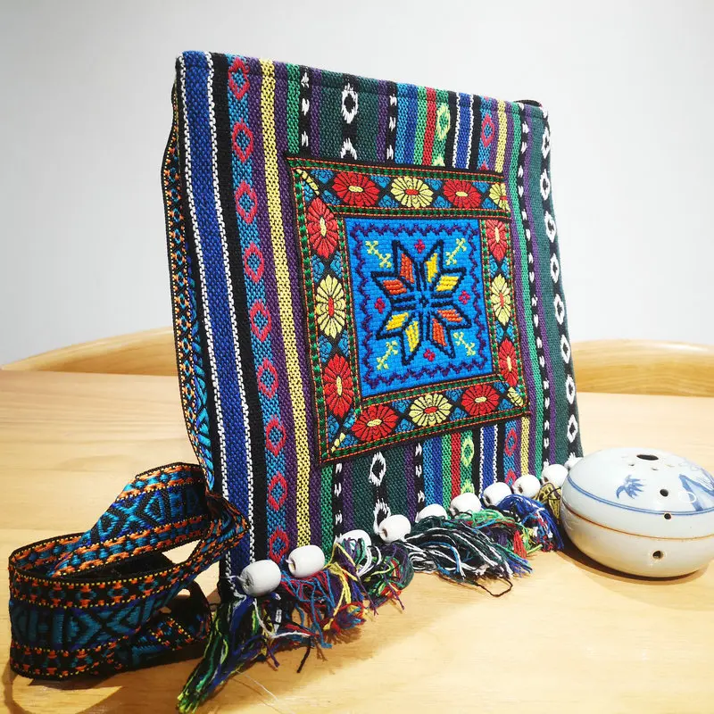 Chinese National Style Cross Embroidered Craft Tassel Bag Oriental Aesthetics Stitchwork Bags OOTD Clothing Matching Accessories