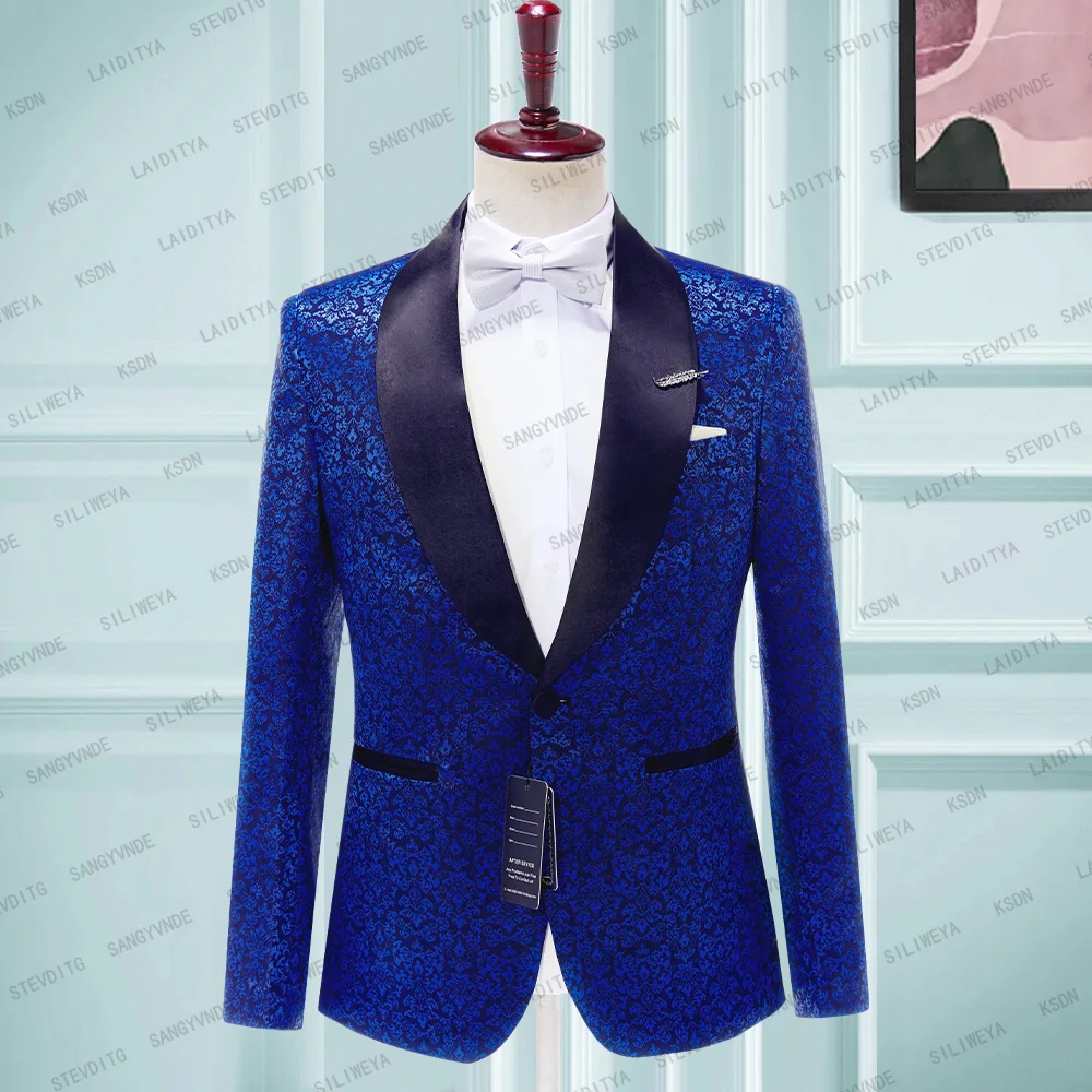 

Fashion Men's Suit Blazer Wedding Set Blue Jacquard Fabric Black Shawl Lapel Slim Fit Casual Business Jacket One Piece 2023