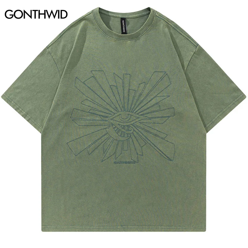 

Men Streetwear Vintage T-Shirt Hip Hop Embroidery Eye Punk Gothic Tshirt Harajuku Fashion Loose Washed Tee Shirts Green Purple