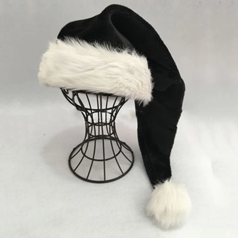 

2023 New 75cm Adult Black Plush Long Christmas Hat Xmas Costume Pompom Santa Claus Cap Dropshipping