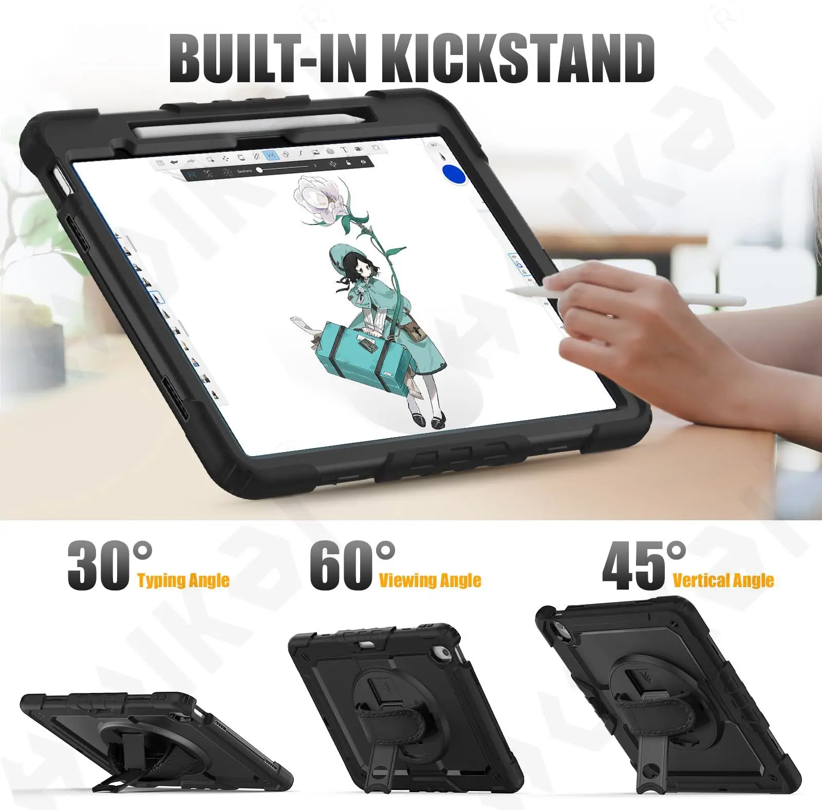 Heavy Duty Rotating Shockproof Tablet Case with Stand & Hand/Shoulder Strap - Black