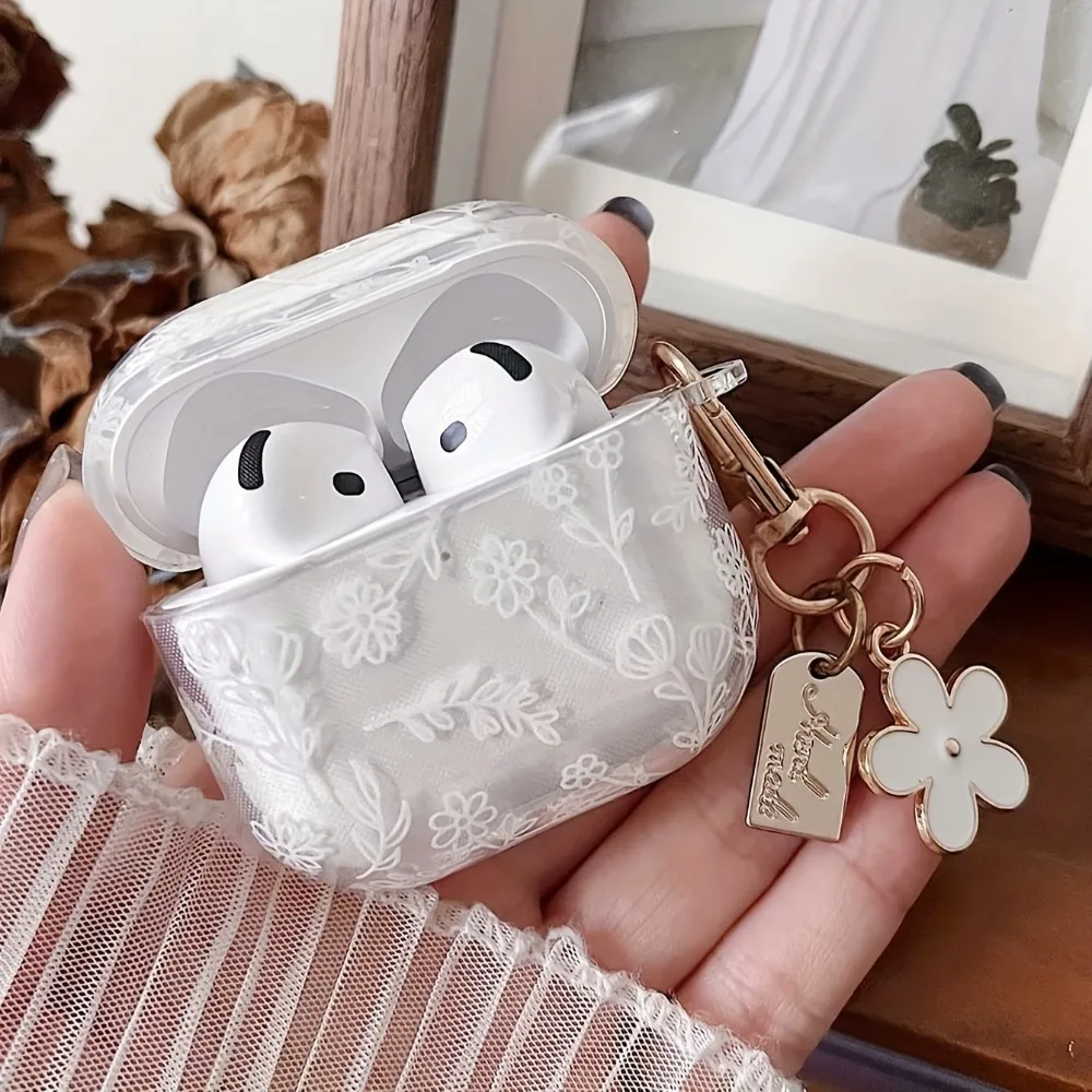 Elegant White Floral Earphone Protective Case Cover