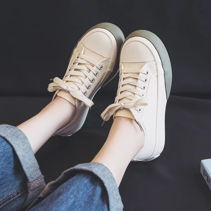 

Spring and Autumn Canvas Shoes Summer Single Shoes Low Top Thick Sole Increase Height Miss Leisure White Shoes 2023 Model