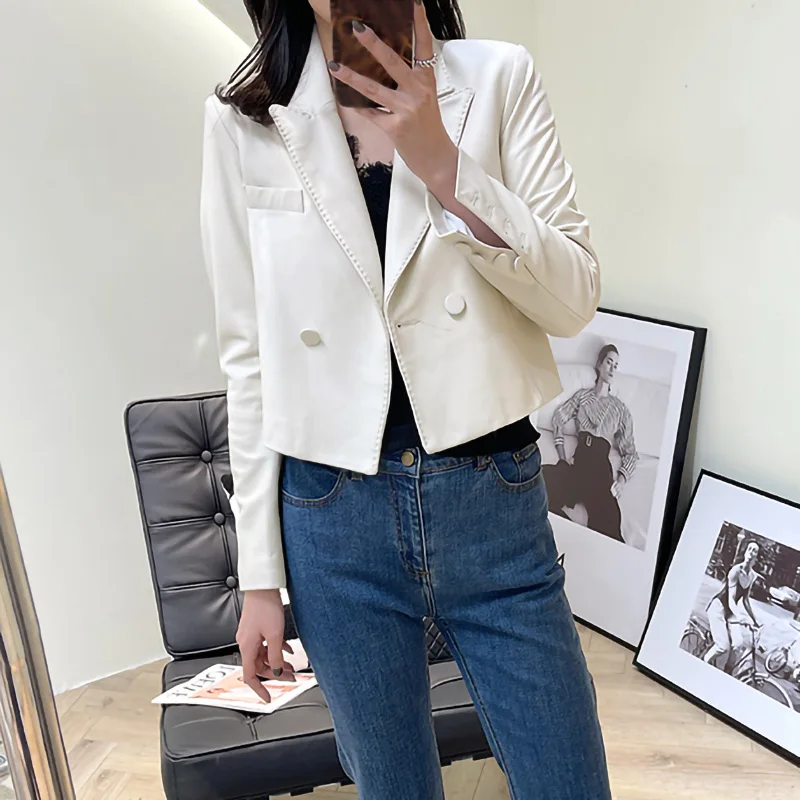 

2023 New Lady's Cropped Genuine Sheepskin Leather Blazers Female Real Lambskin Sheep Leather Coat Luxury Women Jacket CL4155