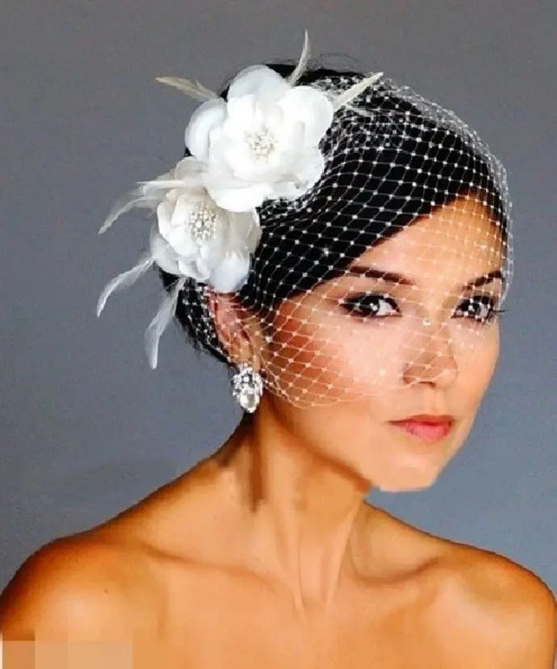 

Lace Birde Cage Wedding Flower White Veil Face Short Feather Birdcage Netting Vintage Fascinator Bride Hats with Veil