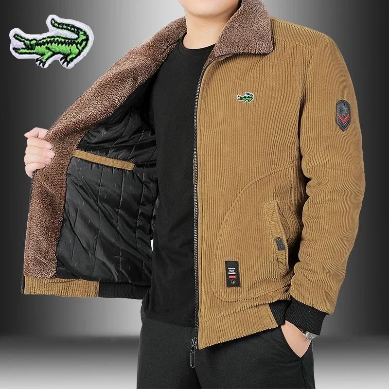 Men's Brand Corduroy Jacket, High-end Embroidery, Autumn and Winter Plush Thickening, Warm and Casual Outdoor Sports Cotton Jack