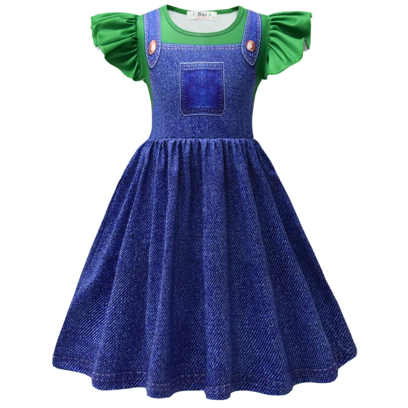 Cosplay Costume Kids Girls Dress Halloween Dress Outfit Anime Super Bros Costume for Kids Halloween Party Dresses Luigi-Lover Brothers Peach Princess Cosplay Clothes Girls Fancy Dress