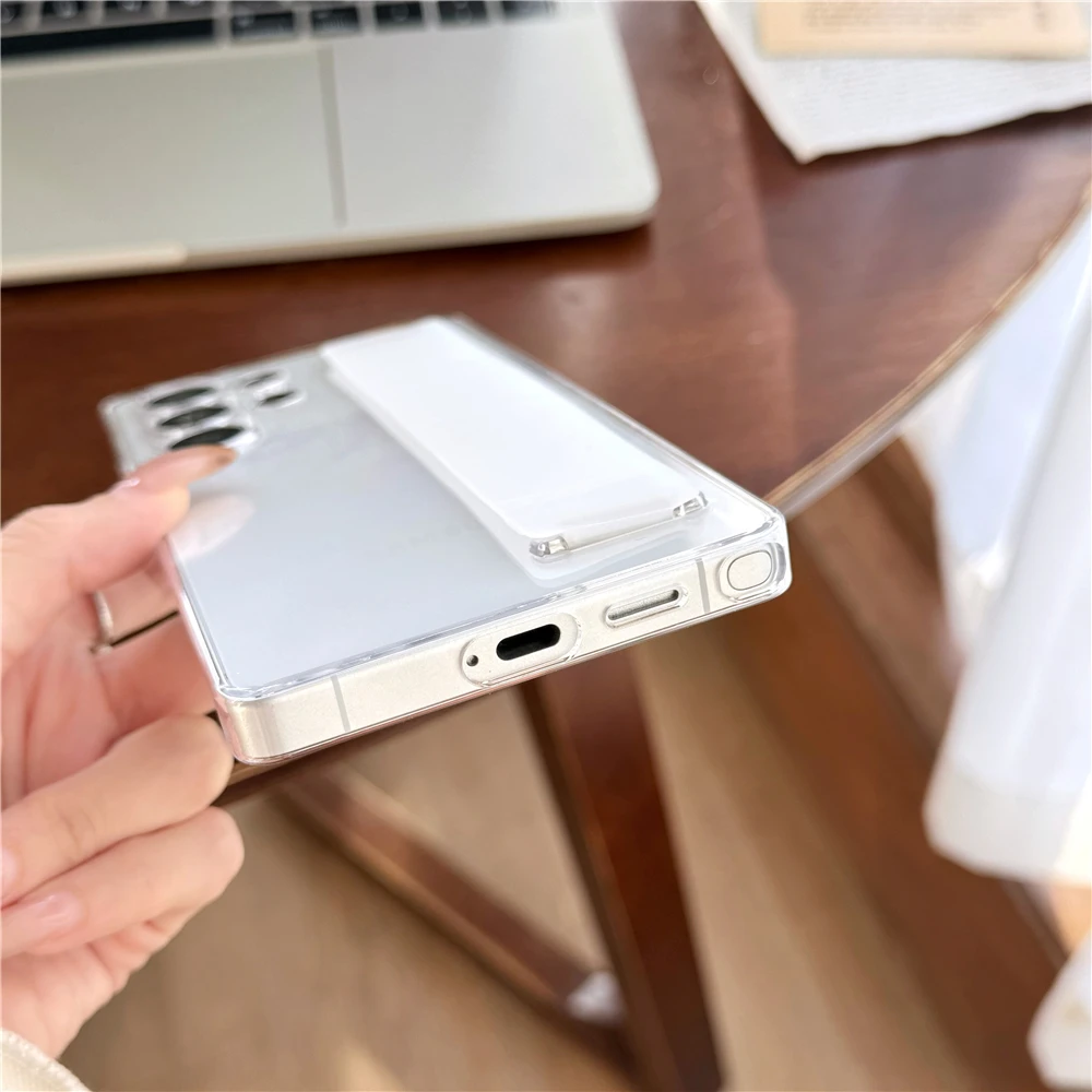 Silicone Elastic Wrist Strap Shockproof Phone Case with Stand Holder - Matte Clear Soft Bumper Cover