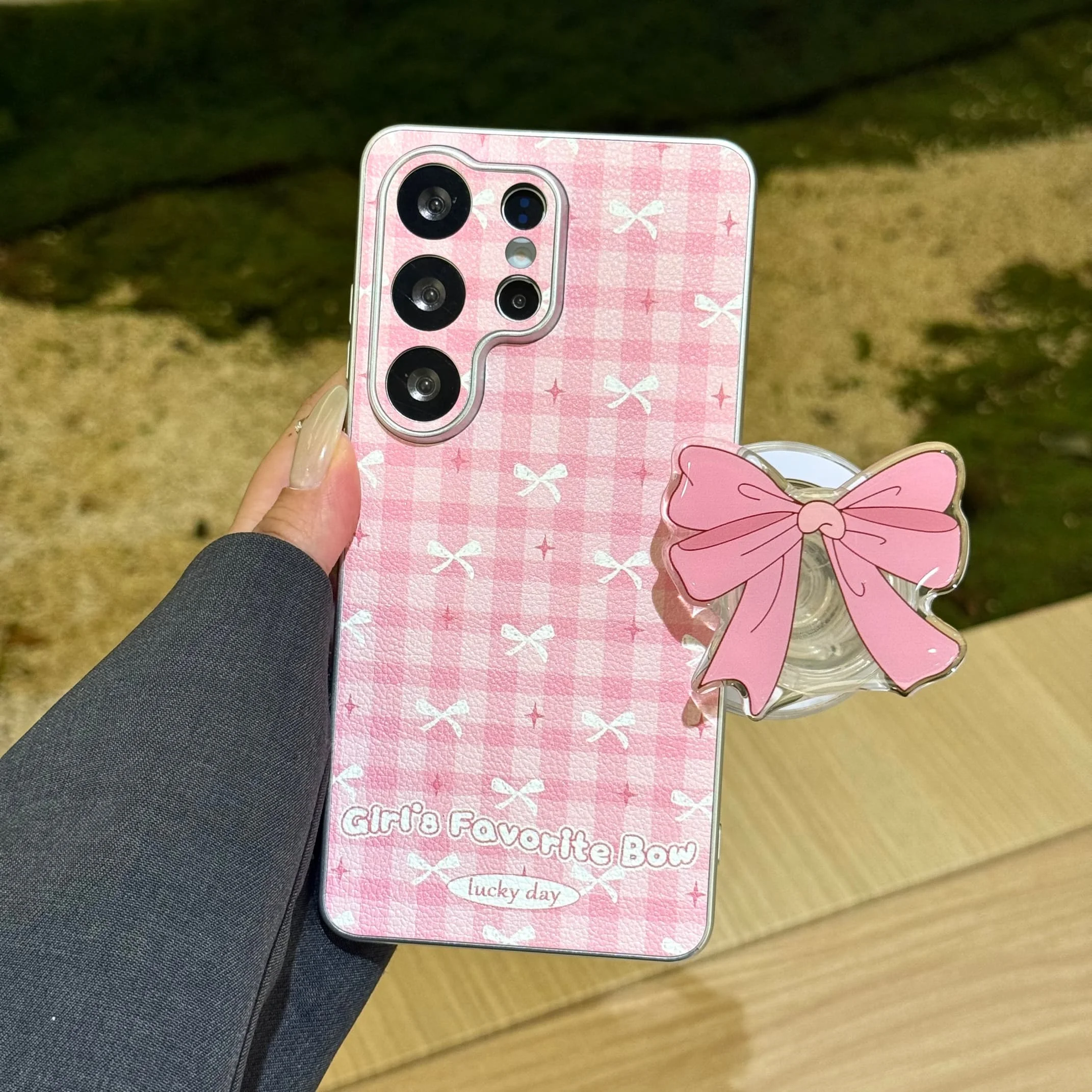 Korean Cute Bow Pink Grid Magnetic Phone Case with Holder Cover