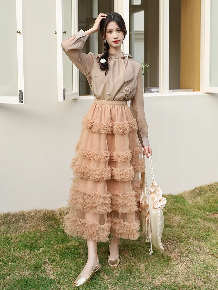 Women's Ruffle Trim Mesh Tutu Skirt, Tiered Layered A-Line Flared Skirt, High Waist Soft Tulle Puffy Skirt, Spring Summer