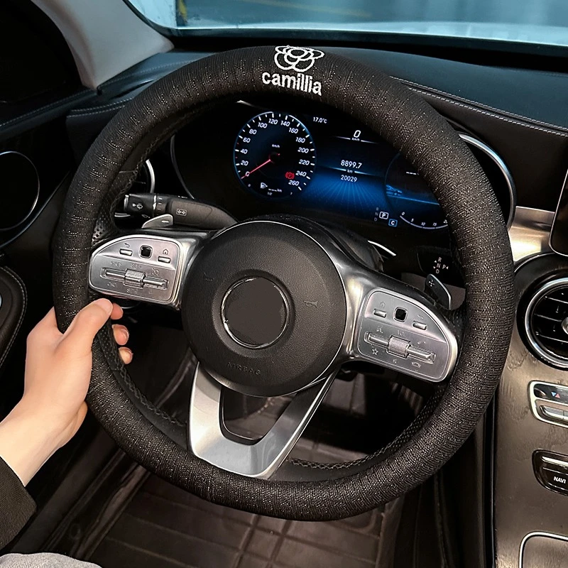 

New Black Summer Anti-slip Four Seasons Universal Ice Silk Camellia Cute Car Steering Wheel Cover Car Handlebar Cover Decoration