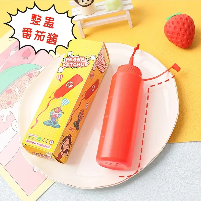 Prank ketchup bottle shown upright on a counter