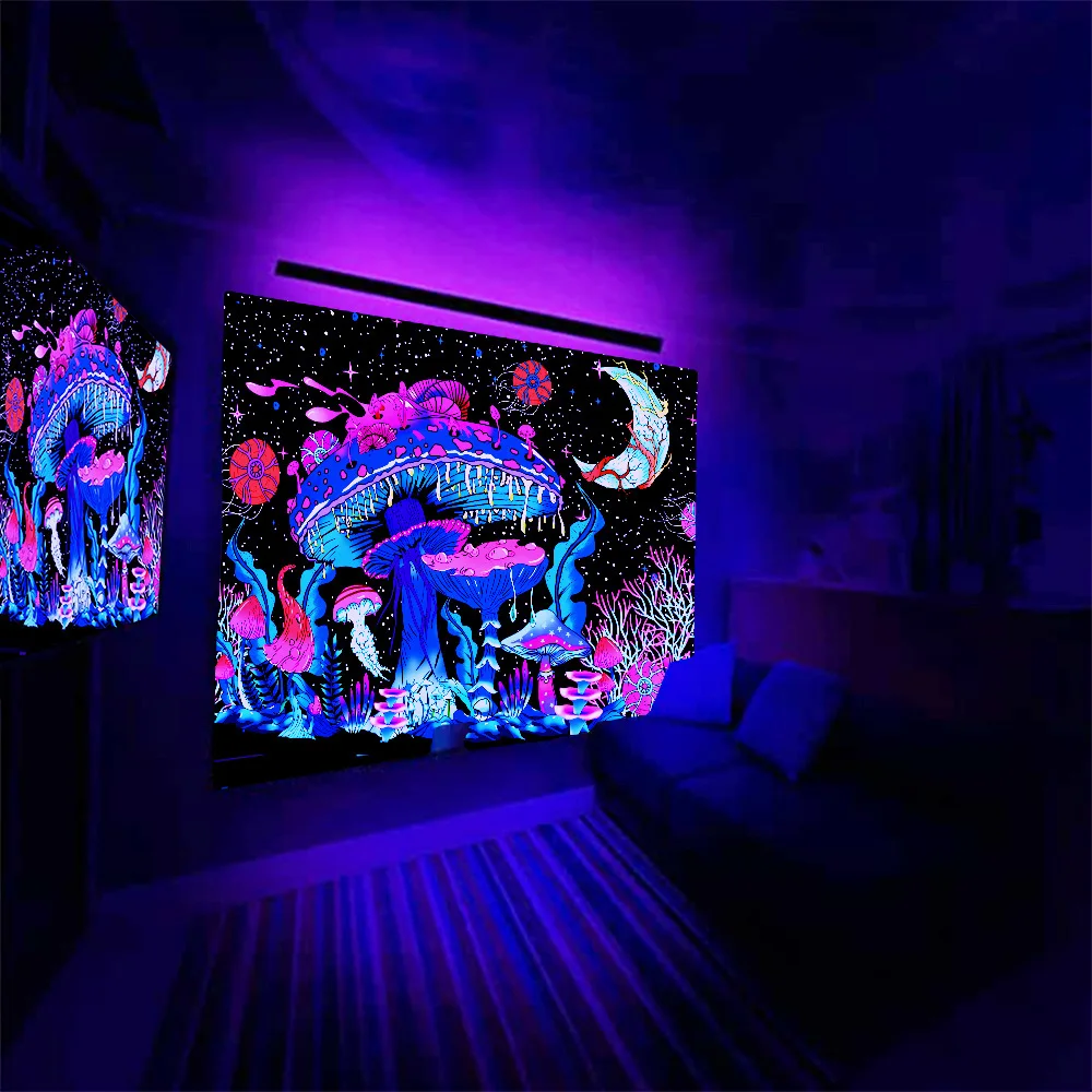 Large Blacklight Mushroom Tapestry UV Reactive Moon and Stars Tapestries Wall Hanging Aesthetic Tapestry Glow in The Dark