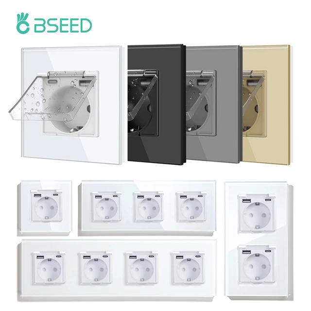 BSEED เดี่ยว EU Wall SOCKET USB Type-C พอร์ตกันน้ําคู่ห้องน้ําซ็อกเก็ต Triple Glass ปลั๊กไฟฟ้า 16A 1