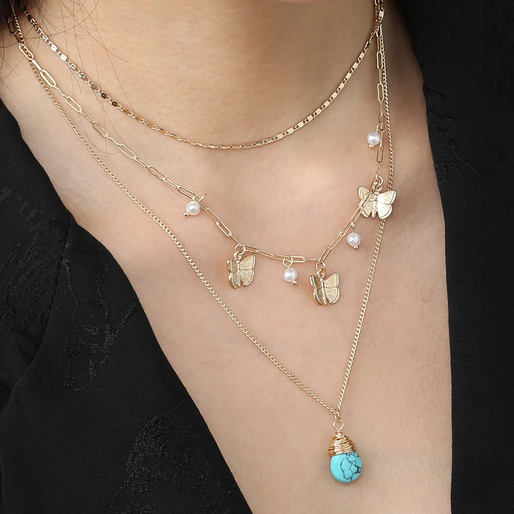 Wholesale Summer Popular Necklace Ornament Butterfly Flow Su Turquoise Pendant Versatile Multi-Layer for Women | Украшения и