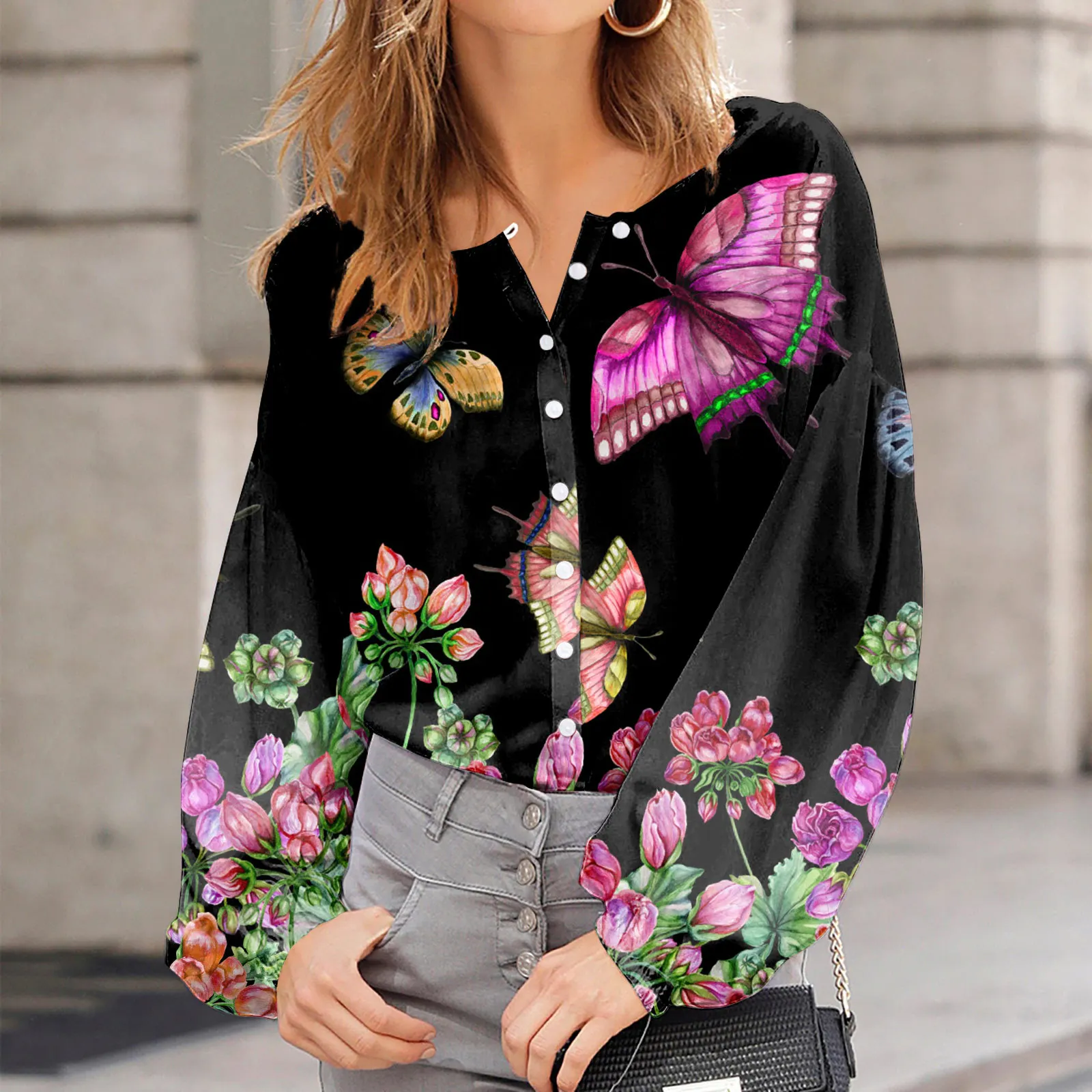 

Black Butterfly Printed Long Sleeved Round Neck Blouse For Women 2023 New Flower Print Casual Loose Bubble Sleeved Woman Shirt