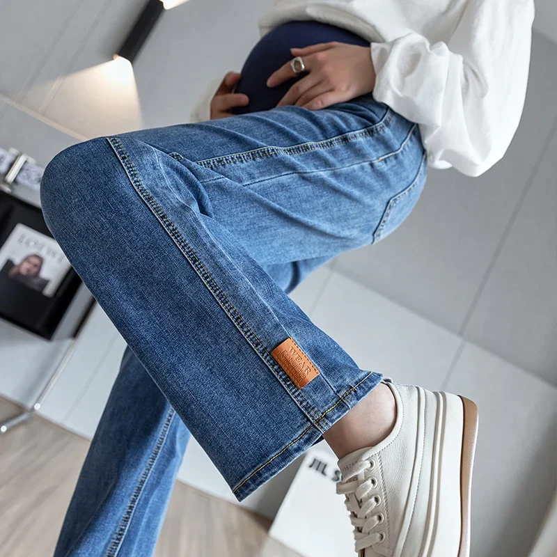 9033# Spring Washed Stretch Denim Maternity Long Jeans Loose Straight Belly Pants Clothes for Pregnant Women Pregnancy Trousers 8995 wide leg loose straight denim maternity long jeans elastic waist belly pants clothes for pregnant women chic ins pregnancy