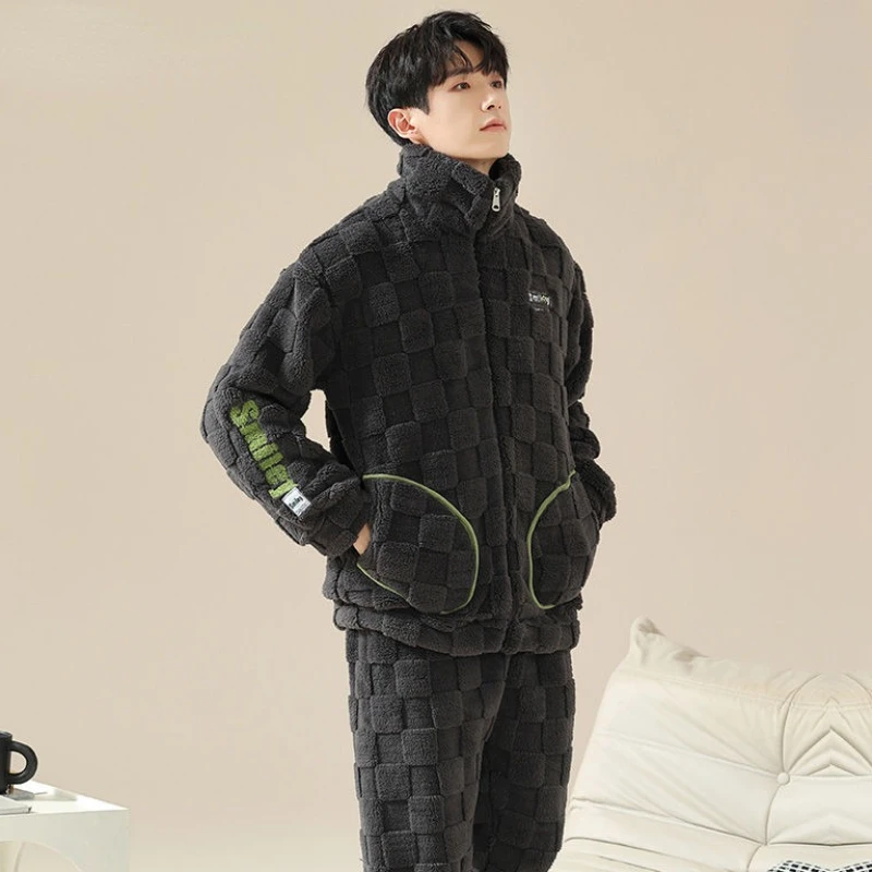 Stand Collar Coral Velvet Men Pajamas Simple Casual Sleepwear Autumn Winter Handsome Teenagers Loungewear Zipper Hooded Homewear