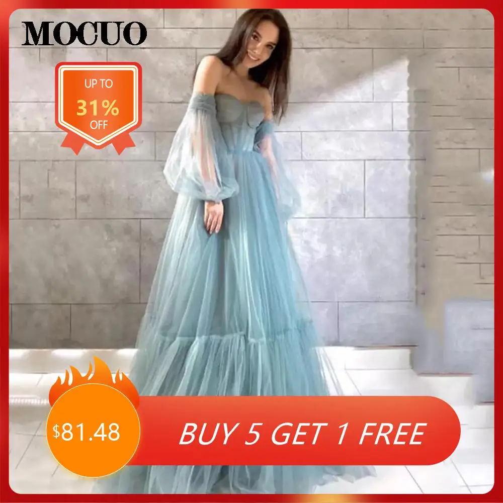 

Elegant Dusty Blue Evening Dress Gown Off Shoulder Puff Prom Dresses Pleats V Neck Tulle Formal Party Gown Vestidos De Fiesta