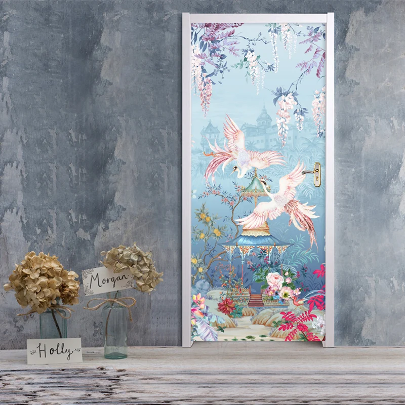 Romantic Pastoral Flower Peacock Photo Mural PVC Self-Adhesive Waterproof Door Sticker Wallpaper Living Room Study Art Decor