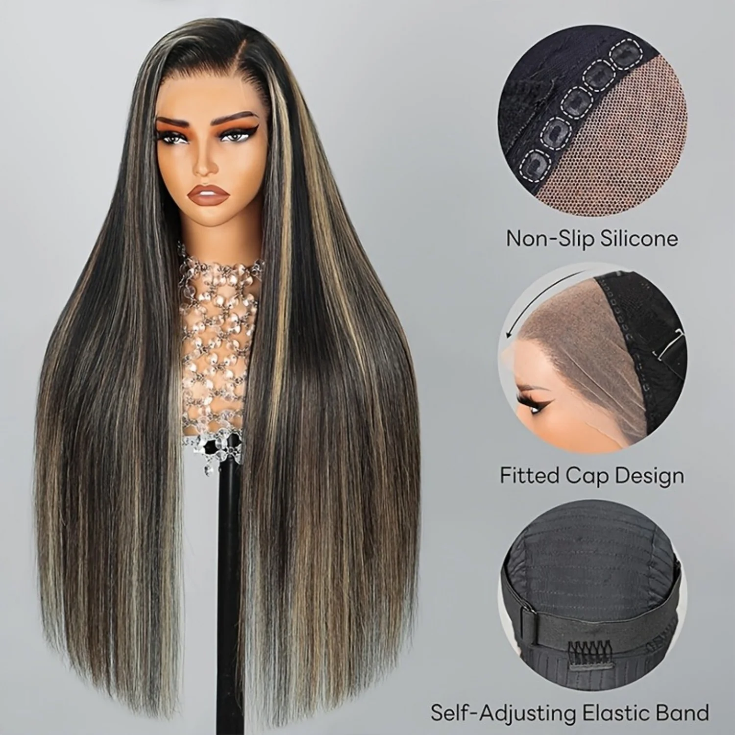 Perruque Ombrée 4/27 avec Mèches, Cheveux Humains, Sans Colle, Lisses, Ondulés, Blond Miel, Ondulations Profondes, Bouclées