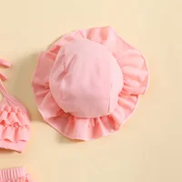 Fashion Summer Newborn Baby Girls Swimwear Bikini Set Cute Bowknot Hanging Neck Tops + Layered Ruffle Shorts + Hat Beachwear 5