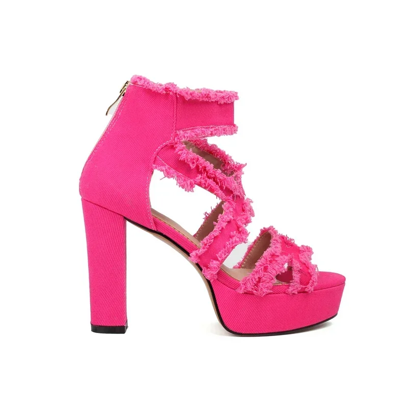Sexy High-heeled Denim Jean Sandals Womens Sexy Peep Toe Platform Tassel Fringe Zipper Hollow Gladiator Sandals Summer Shoes 43