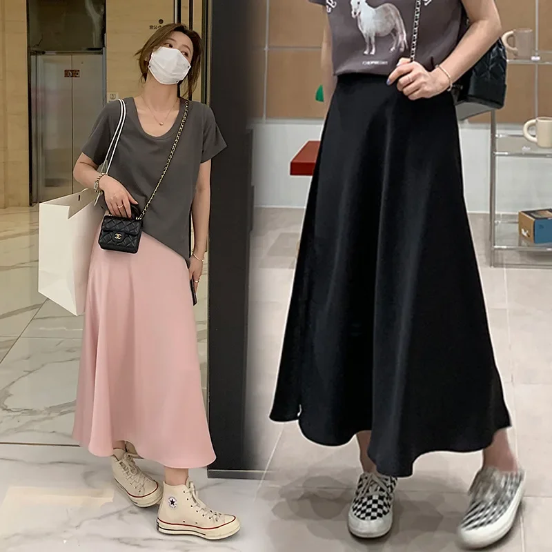 Maternity Satin A- Line Midi Skirt Summer New Sensation Belly Support Vinegar Acetate Half-length Bodycon Skirt for Pregnant Wom