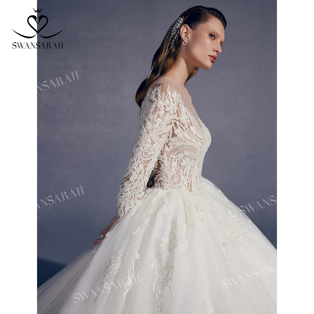 Long Sleeve Wedding Dress 2025 Luxury Shiny Appliques Beaded Ball Gown Princess Bride SwanSarah AV01 customized Vestido De Novia 4