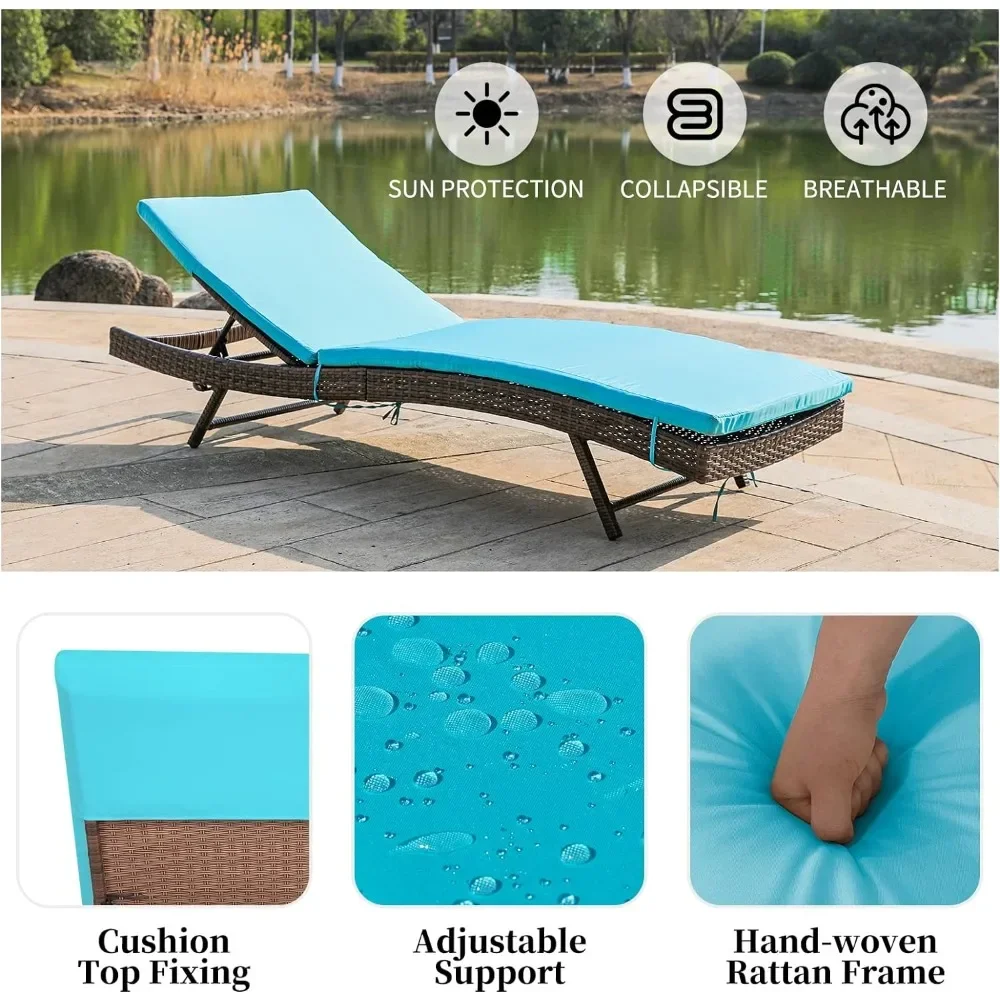 Garden chairs with removable blue cushions, pool loungers with adjustable backrests, garden reclining wicker loungers, balcony