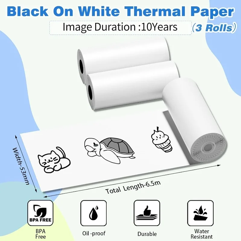 Thermal Printer Paper Rolls 2.08",53mm*6.5m,White No-Sticky Receipt Printer Paper For T02 M02 M03 M832 M834 M835 Thermal Printer