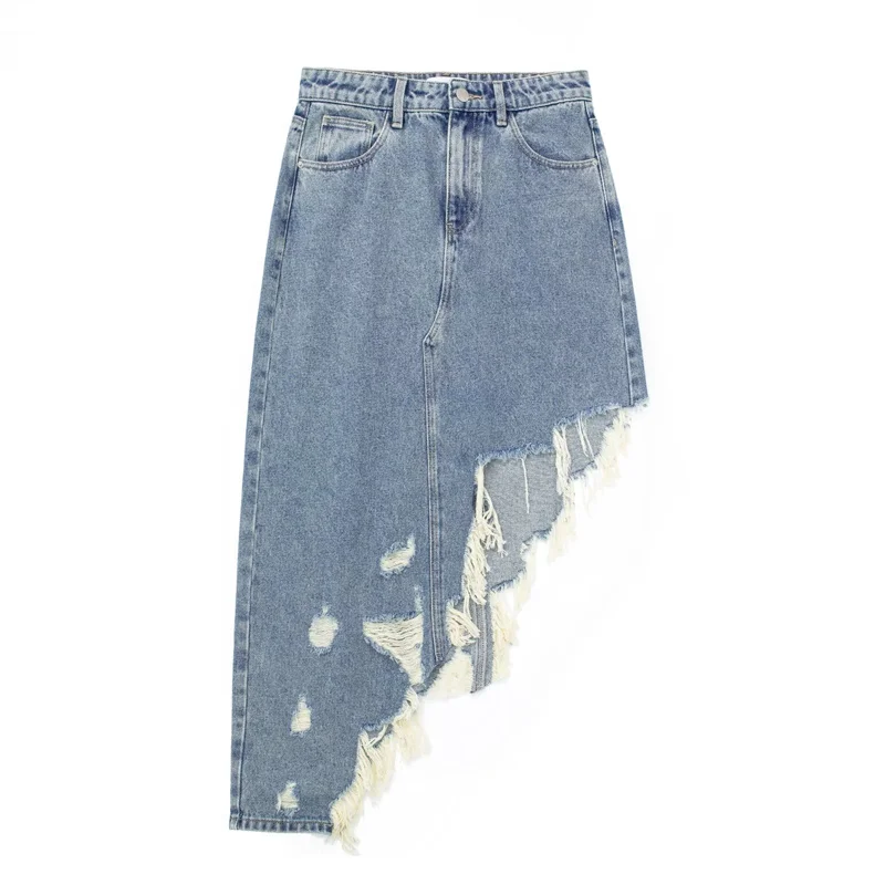 

Girls Y2K Blue Irregular Denim Skirt 2023 Spring Female Fashion High Waisted Ripped Skirt Woman High Street Asymmetric Skirts