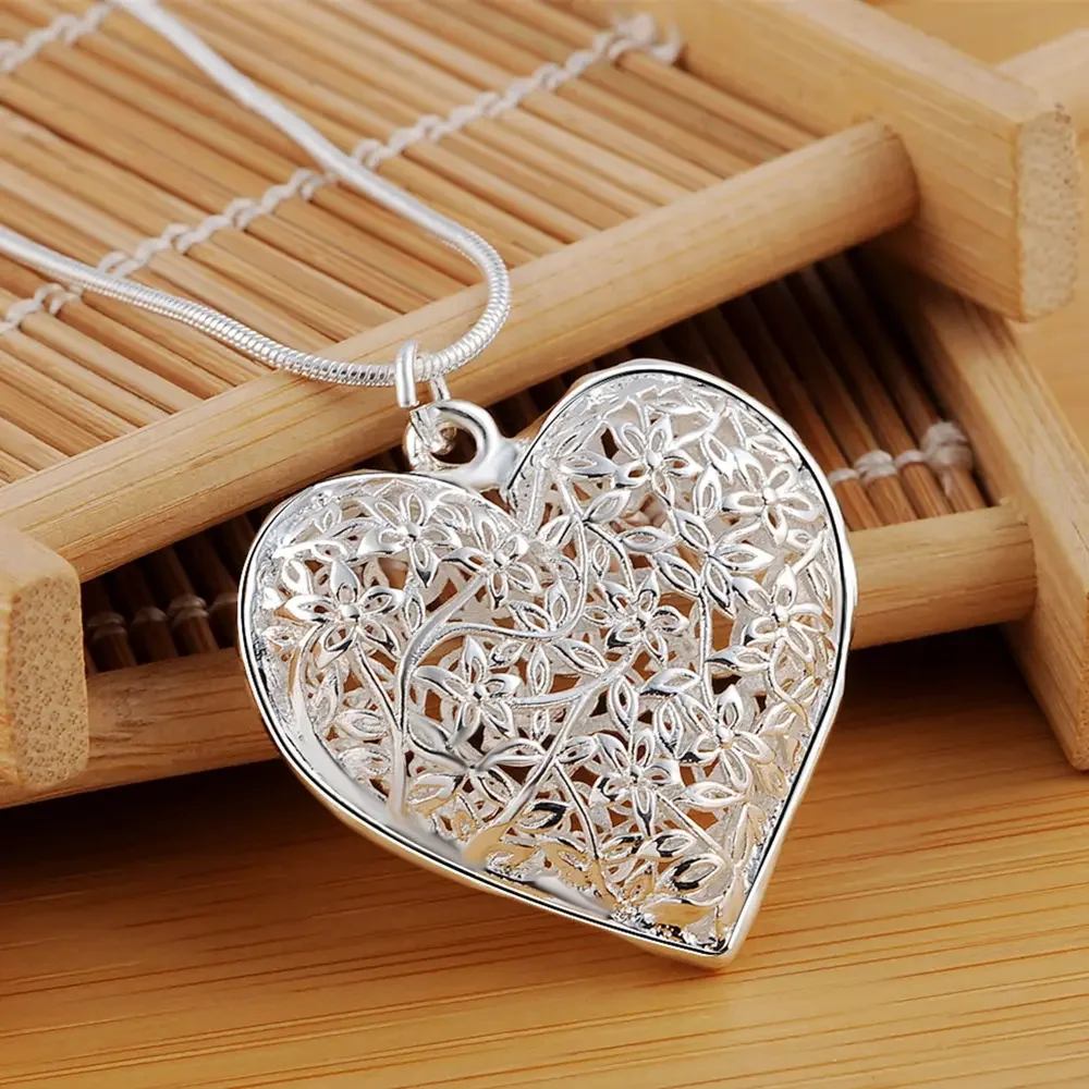 

925Wholesale different Free shipping fashion silver color jewelry elegant charms retro exquisite heart pendant necklace women