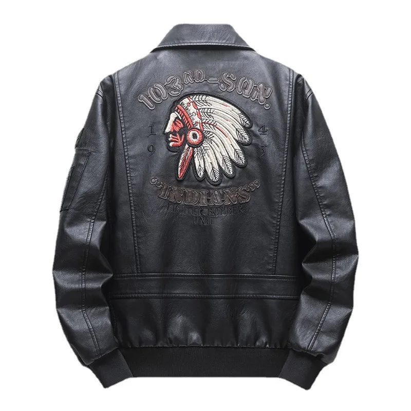 Fashion Autumn and Winter New Embroidered  Leather Coat Edition Flip Collar Air Force PU Motorcycle Leather Jacket Men