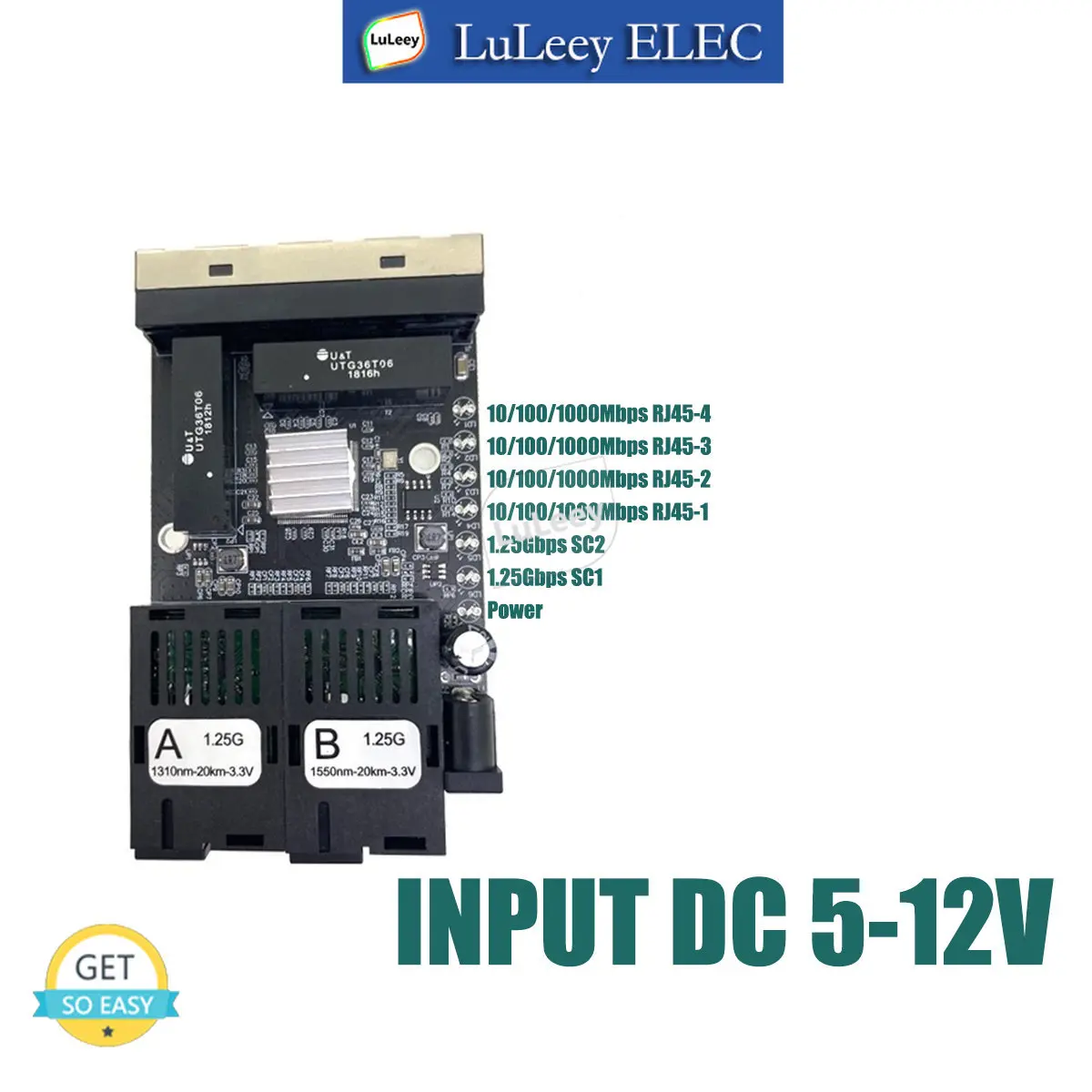 2 optical 4 rj54 media converter switch PCBA Board, 10/100/1000M adaptive,1.25Gbps SC single mode,max 20km, 5-12v DC input