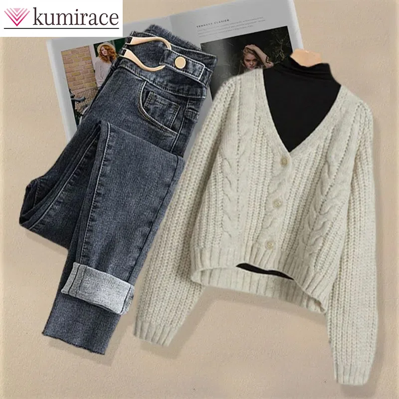 

Large Size Women's Autumn and Winter Set 2023 New V-neck Western-style Knitted Sweater Women's Versatile Jeans Two-piece Set