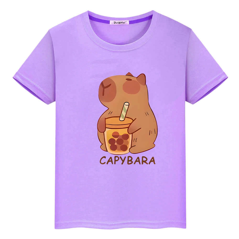 Capybara drinks milk tea print anime Short t shirt for kids boy 10year y2k one piece 100%Cotton Tops pride tshirt girls clothes 2