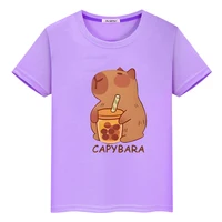 Capybara drinks milk tea print anime Short t shirt for kids boy 10year y2k one piece 100%Cotton Tops pride tshirt girls clothes 2